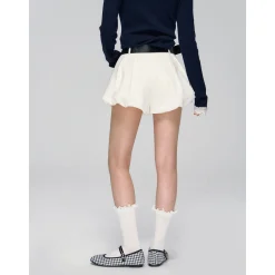 AsGony Casual Belt High Waist Bud Puffy Shorts White