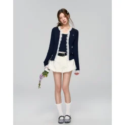 AsGony Casual Belt High Waist Bud Puffy Shorts White