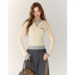 AsGony Color Blocked Fake-2-Piece Embroidery Slim Knit Top