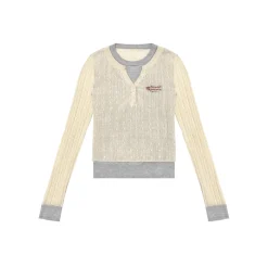 AsGony Color Blocked Fake-2-Piece Embroidery Slim Knit Top