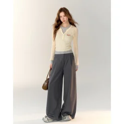 AsGony Color Blocked Fake-2-Piece Embroidery Slim Knit Top