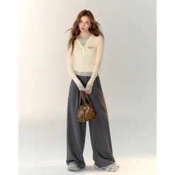 AsGony Color Blocked Fake-2-Piece Embroidery Slim Knit Top