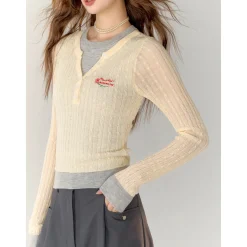 AsGony Color Blocked Fake-2-Piece Embroidery Slim Knit Top