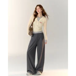 AsGony Color Blocked Fake-2-Piece Embroidery Slim Knit Top