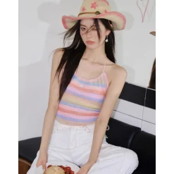 AsGony Colorful Striped Knit Halter Vest