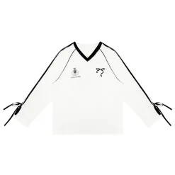 AsGony Contrast Color Bow Tie V-Neck L/S T-Shirt White