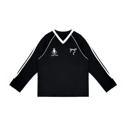AsGony Contrast Color Bow Tie V-Neck L/S T-Shirt Black