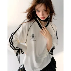 AsGony Contrast Color Bow Tie V-Neck L/S T-Shirt White
