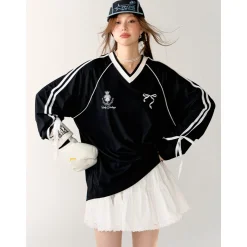AsGony Contrast Color Bow Tie V-Neck L/S T-Shirt Black