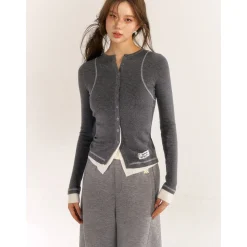 AsGony Contrast Color Fake-2-Piece Slim Knit Top Gray