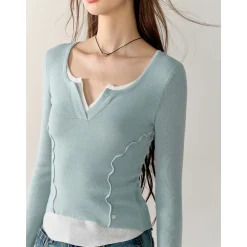 AsGony Contrast Color Fake-2-Piece Stringy Knit Top Blue