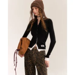 AsGony Contrast Color Fake-2-Piece Slim Knit Top Black