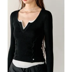 AsGony Contrast Color Fake-2-Piece Stringy Knit Top Black
