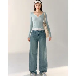 AsGony Contrast Color Fake-2-Piece Stringy Knit Top Blue