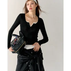 AsGony Contrast Color Fake-2-Piece Stringy Knit Top Black