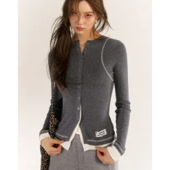 AsGony Contrast Color Fake-2-Piece Slim Knit Top Gray