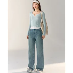 AsGony Contrast Color Fake-2-Piece Stringy Knit Top Blue