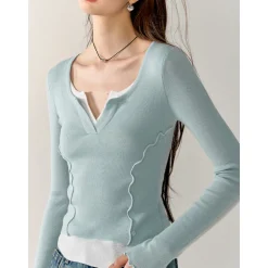 AsGony Contrast Color Fake-2-Piece Stringy Knit Top Blue