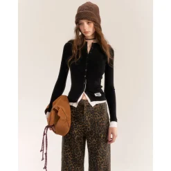 AsGony Contrast Color Fake-2-Piece Slim Knit Top Black