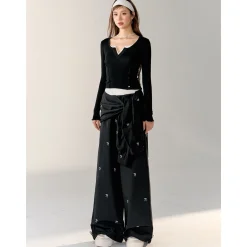 AsGony Contrast Color Fake-2-Piece Stringy Knit Top Black
