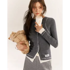 AsGony Contrast Color Fake-2-Piece Slim Knit Top Gray