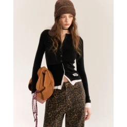 AsGony Contrast Color Fake-2-Piece Slim Knit Top Black