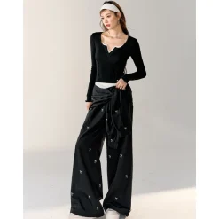 AsGony Contrast Color Fake-2-Piece Stringy Knit Top Black