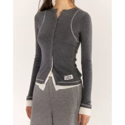 AsGony Contrast Color Fake-2-Piece Slim Knit Top Gray