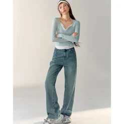 AsGony Contrast Color Fake-2-Piece Stringy Knit Top Blue