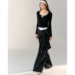 AsGony Contrast Color Fake-2-Piece Stringy Knit Top Black