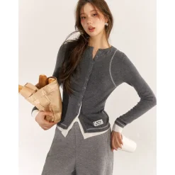 AsGony Contrast Color Fake-2-Piece Slim Knit Top Gray
