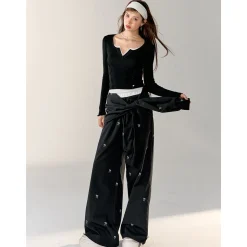 AsGony Contrast Color Fake-2-Piece Stringy Knit Top Black