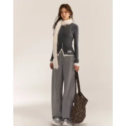 AsGony Contrast Color Fake-2-Piece Slim Knit Top Gray