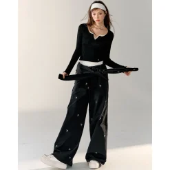 AsGony Contrast Color Fake-2-Piece Stringy Knit Top Black