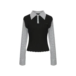 AsGony Contrast Color Lace Edge Fake-2-Piece Shirts Black