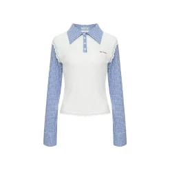 AsGony Contrast Color Lace Edge Fake-2-Piece Shirts White