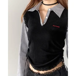 AsGony Contrast Color Lace Edge Fake-2-Piece Shirts Black