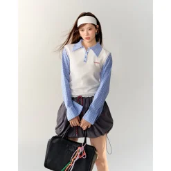 AsGony Contrast Color Lace Edge Fake-2-Piece Shirts White