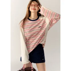 AsGony Contrast Color Striped Casual L/S T-Shirt Pink
