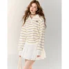 AsGony Contrast Color Striped Polo Knit Top Yellow
