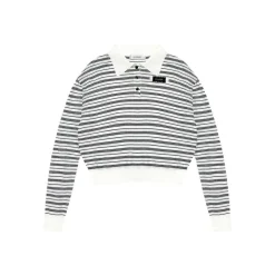 AsGony Contrast Color Striped L/S Polo T-Shirt