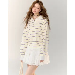 AsGony Contrast Color Striped Polo Knit Top Yellow
