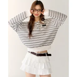 AsGony Contrast Color Striped L/S Polo T-Shirt