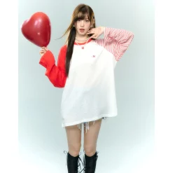 AsGony Contrast Color Striped Raglan L/S T-Shirt Red