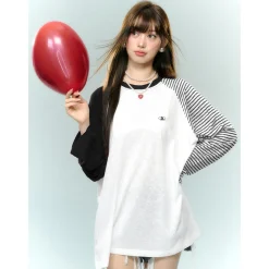 AsGony Contrast Color Striped Raglan L/S T-Shirt Black