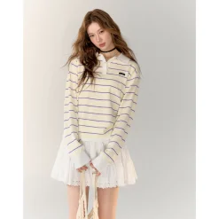 AsGony Contrast Color Striped Polo Knit Top Yellow