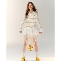 AsGony Contrast Color Striped Polo Knit Top Yellow