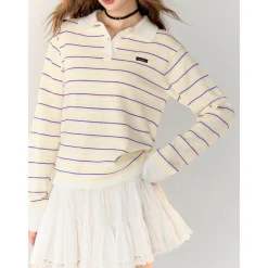 AsGony Contrast Color Striped Polo Knit Top Yellow