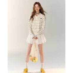 AsGony Contrast Color Striped Polo Knit Top Yellow