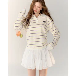 AsGony Contrast Color Striped Polo Knit Top Yellow